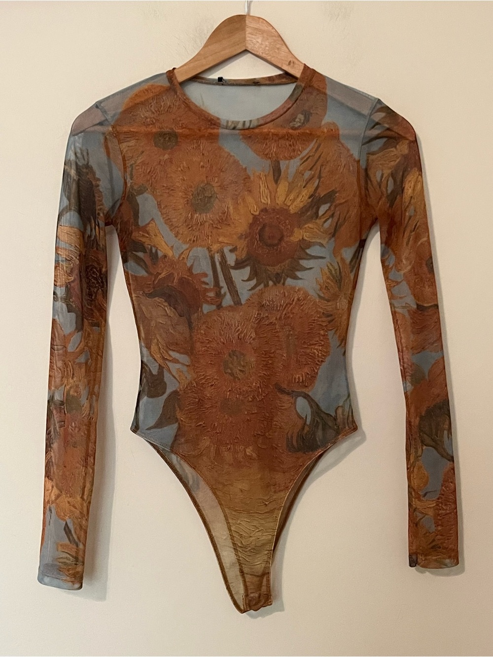 Van Gogh Sunflower Print Mesh Long Sleeve Bodysuit Sheer Layering Top S - Picture 2 of 9